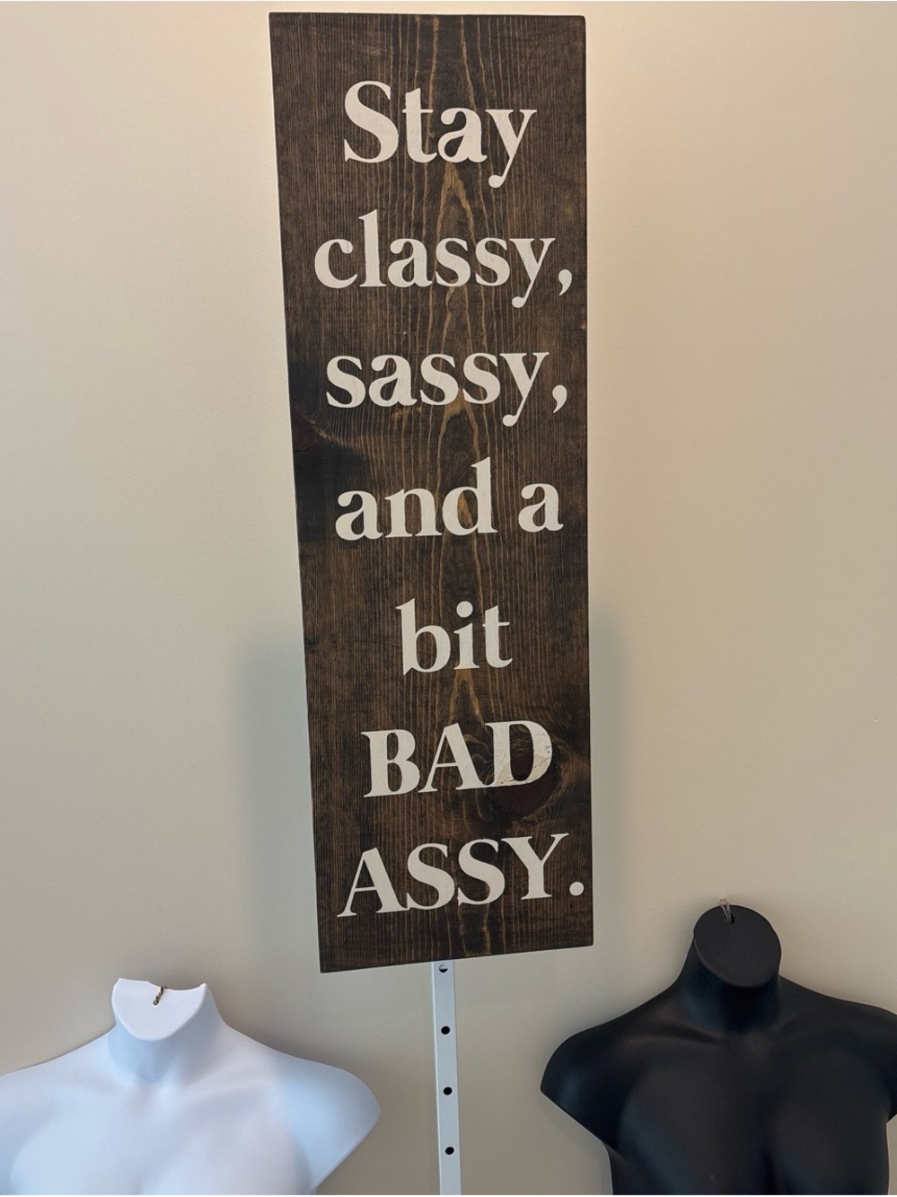 LARGE Stay Classy Sassy Wooden Wall Sign - White on Dark Brown